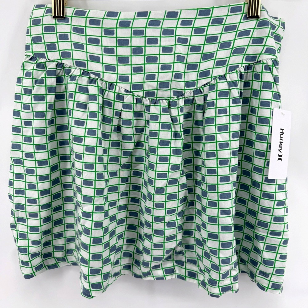 Hurley Mini Skirt Womens XL Blue Green NEW‎ Geometric Smocked Back Logo Cool
